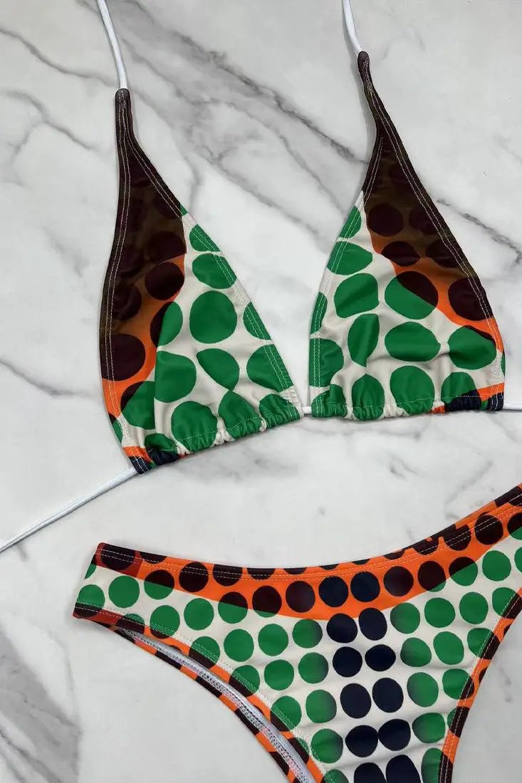 Green Multi Dot Bikini Body Shape Print Cheeky 2Pc Swimsuit Set