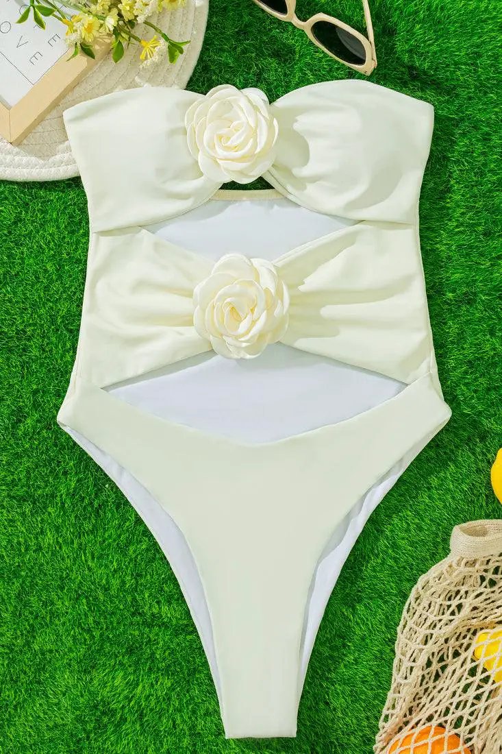 White Roses Cut-Out High Cut Strapless Sexy Monokini Swimsuit