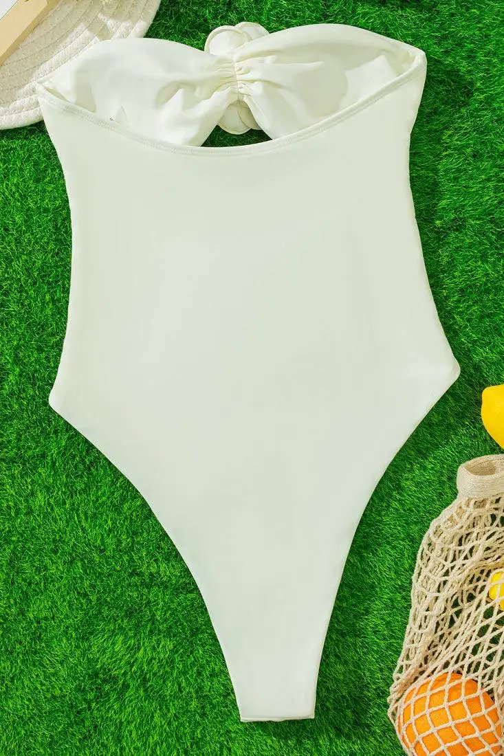 White Roses Cut-Out High Cut Strapless Sexy Monokini Swimsuit