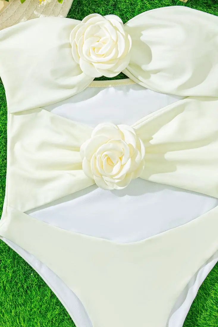 White Roses Cut-Out High Cut Strapless Sexy Monokini Swimsuit