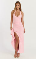 Lani Midi Dress - Scooped Neckline Draped Skirt Halter Dress in Pink