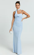Larson Maxi Dress - Asymmetric Tie Neck Column Dress in Pale Blue