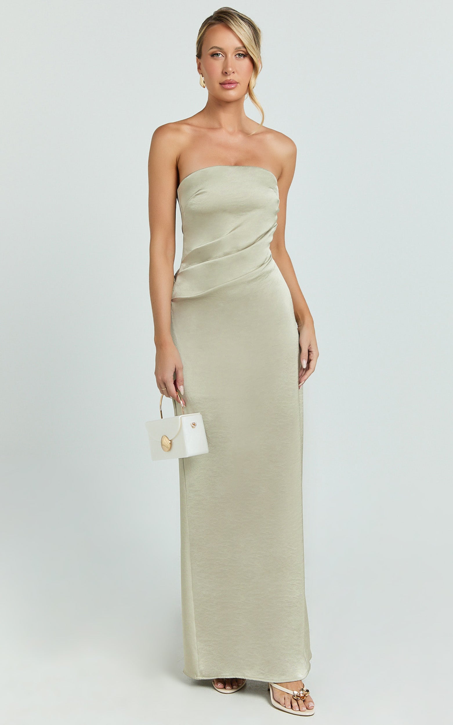 Laurie Maxi Dress - Strapless Draped Satin Dress in Light Olive