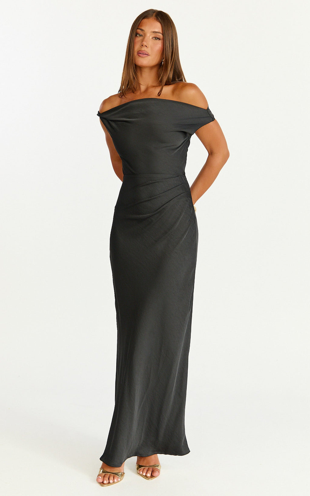 Lira Maxi Dress - One Shoulder Satin Dress in Black