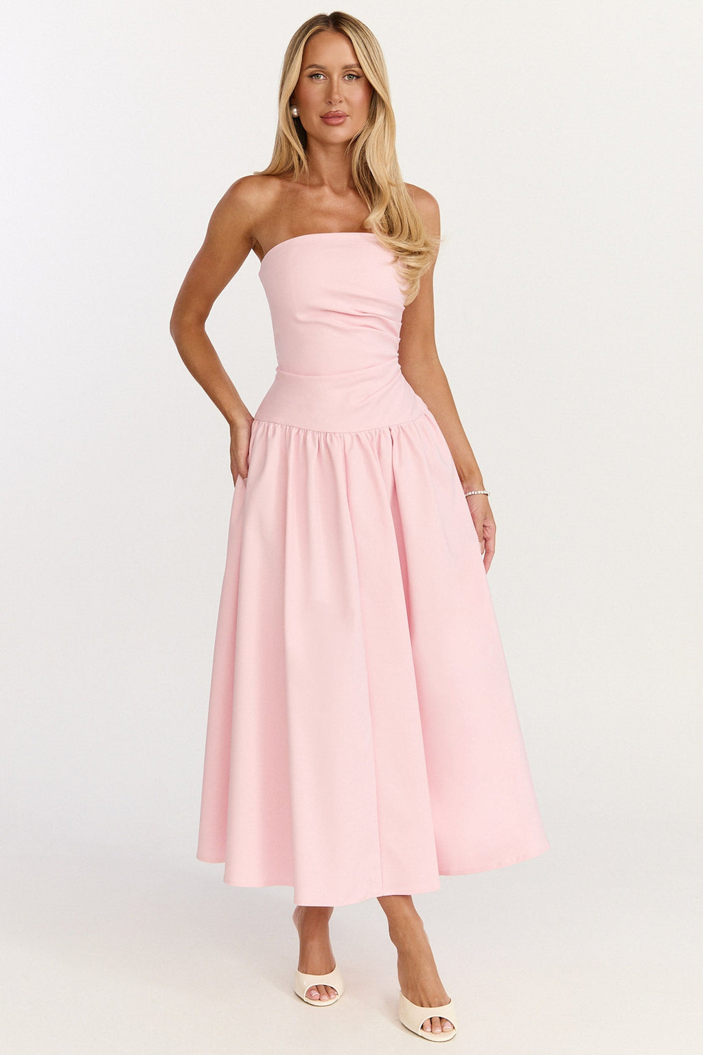 Louisa Midi Dress - Strapless Side Ruched Dropped Waist Fit And Flare Dress in Pink