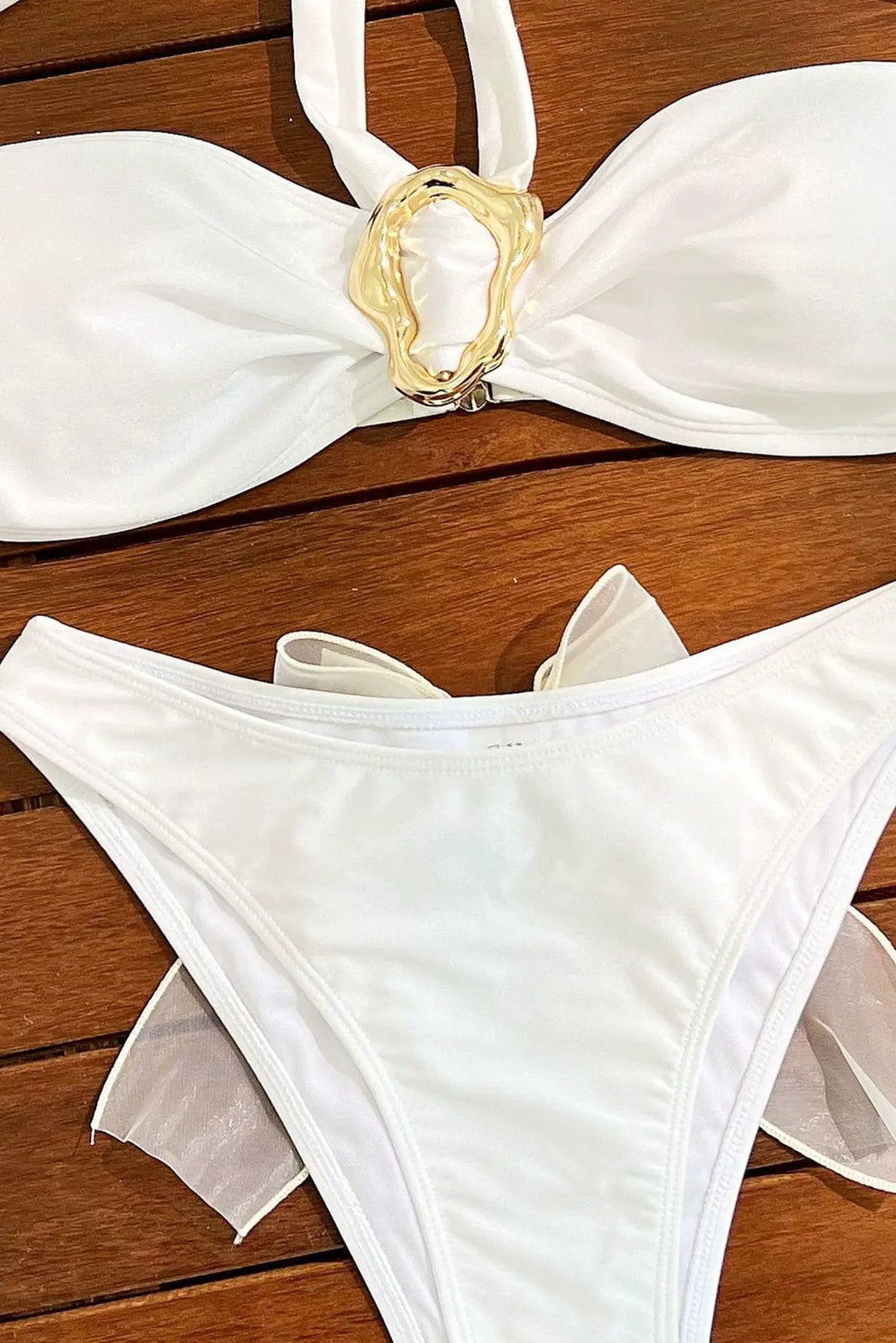 White Halter Gold Decor White Bow Sexy 2Pc Swimsuit Set Bikini