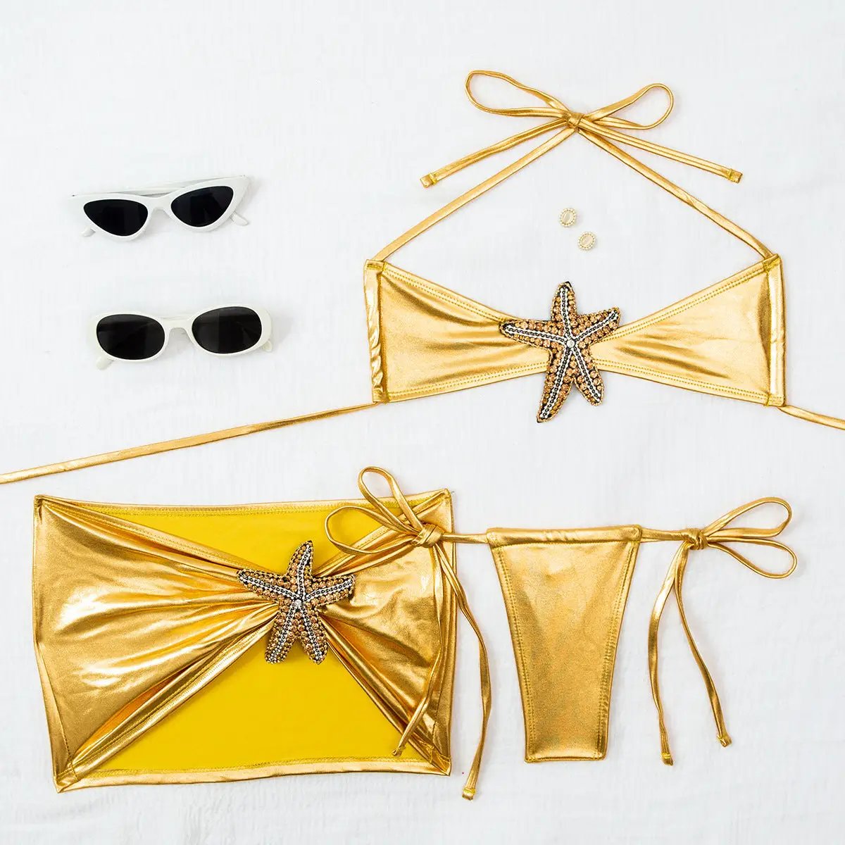 Gold Metallic Rhinestone Starfish Cheeky Cover-Up Sexy 3Pc Swimsuit Set