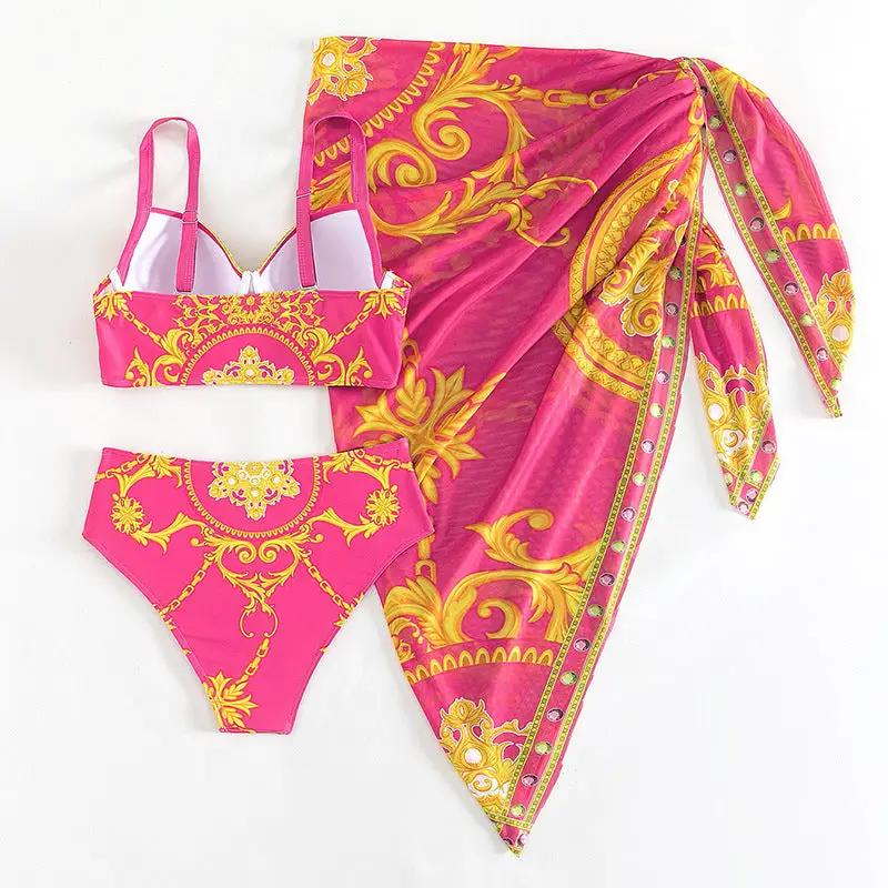 Hot Pink Gold Print Bustier High Waist Cover-Up Sexy 3Pc Swimsuit Set