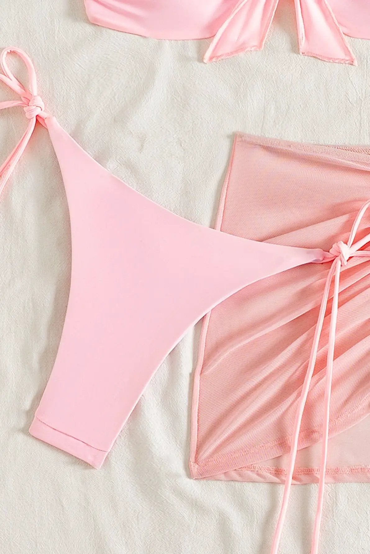 Pink Delicate Rose Draw String Cheeky Mesh Cover-Up Sexy 3Pc Swimsuit Set