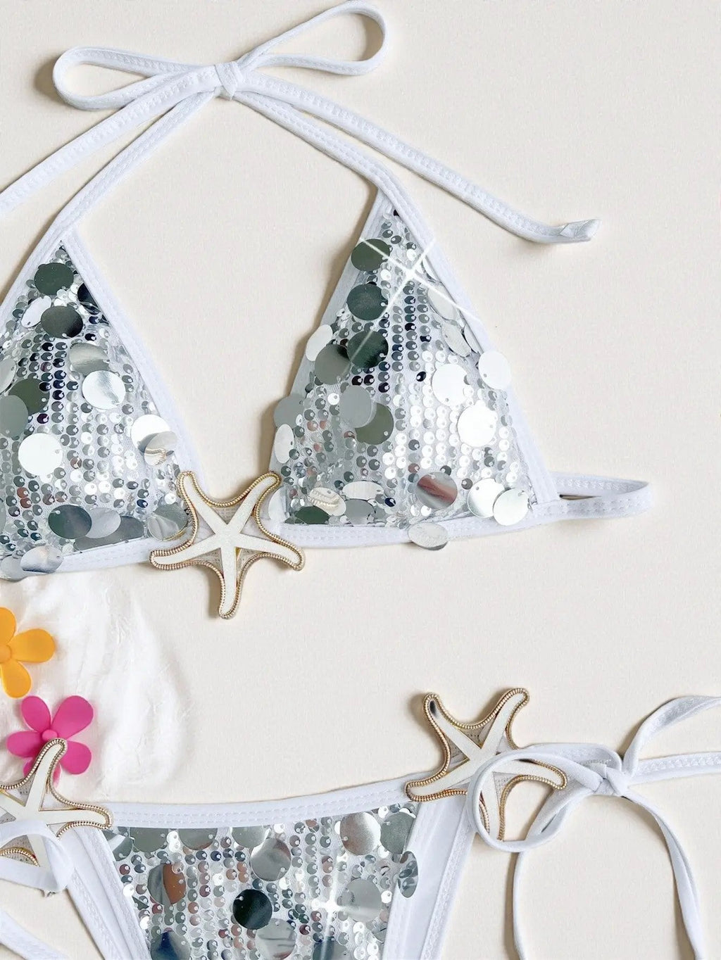 Silver White Big Sequin Starfish Sexy 2Pc Bikini Swimsuit Set