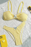 Yellow Textured Bow Lace Sexy 2Pc Swimsuit Set Bikini
