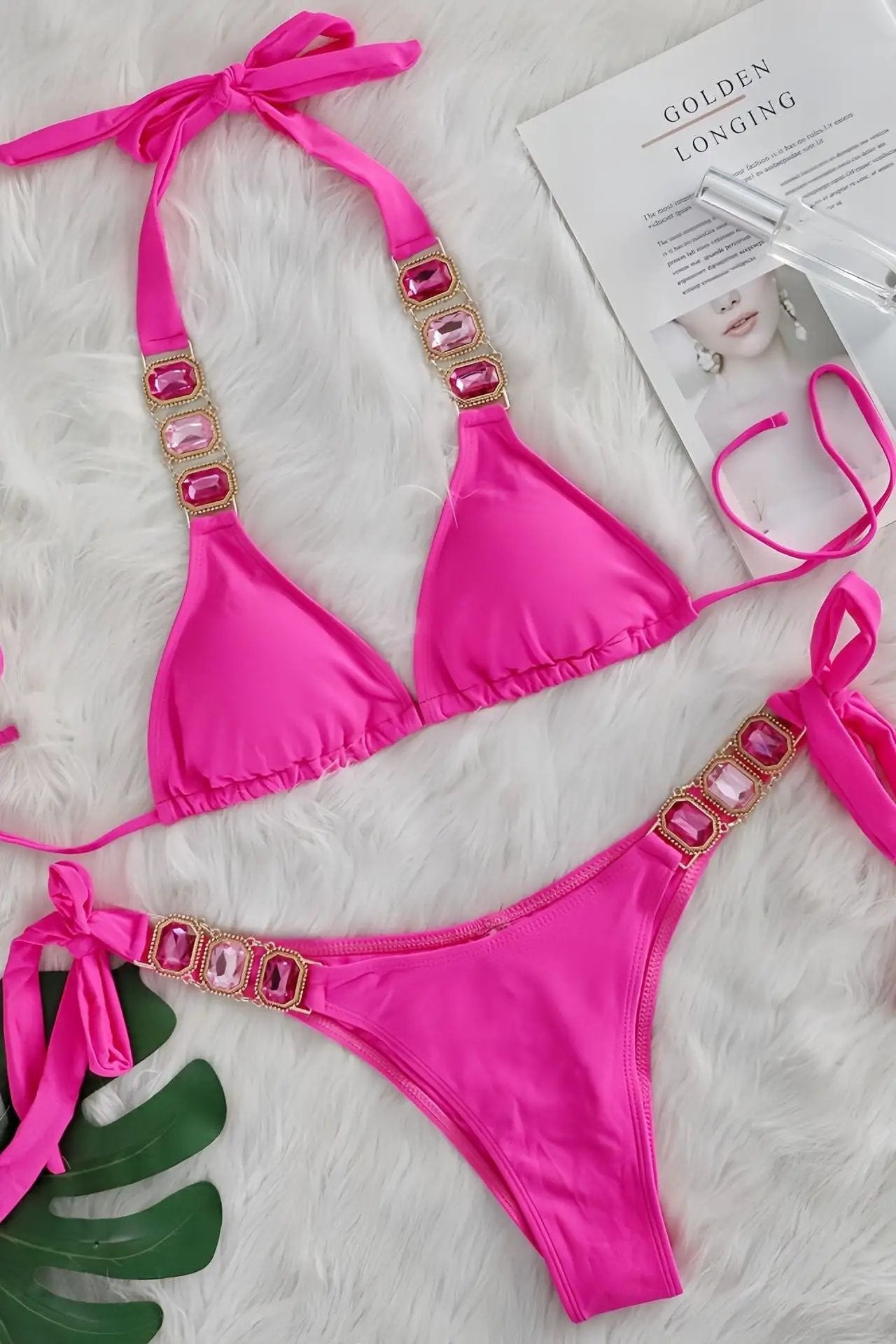 Fuchsia Rhinestone Gem Halter Ruched Back Cheeky Sexy 2Pc Swimsuit Set BIkini