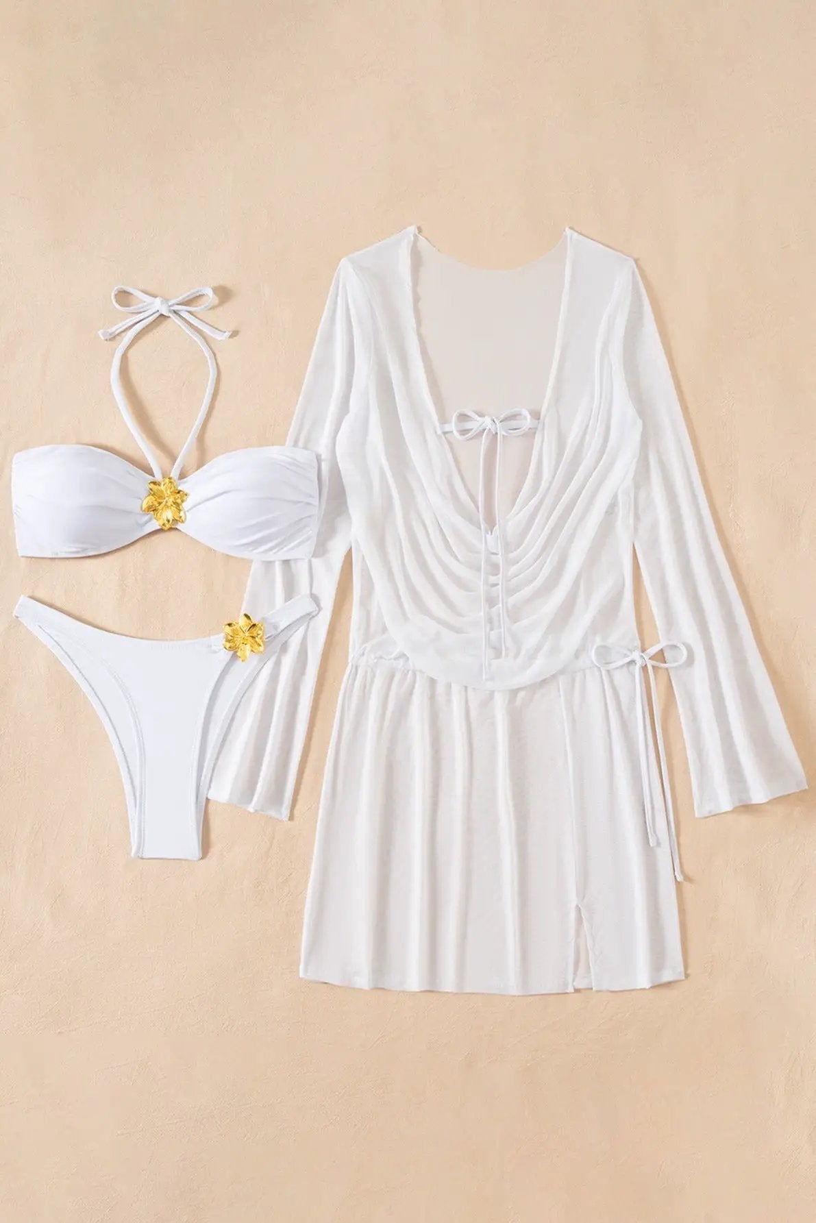 White Metal Flowers Halter Bikini Mesh Cover-Up Dress Sexy 3Pc Swimsuit Set