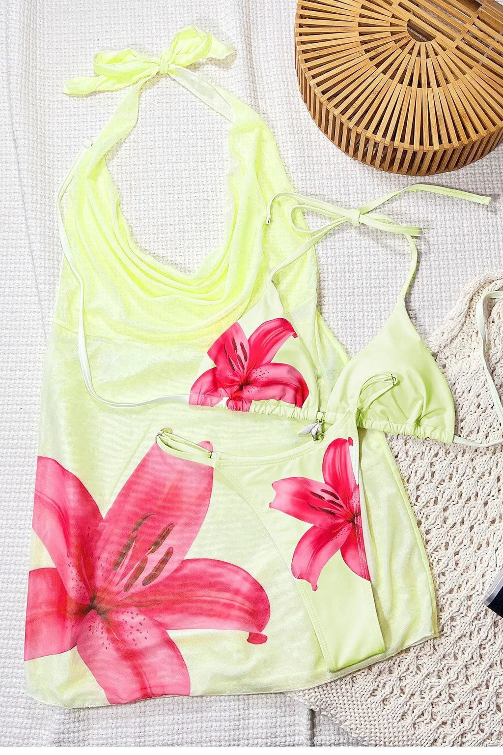 Sexy Yellow Hibiscus Flower Triangle Thong Mesh Halter Dress Cover-Up 3Pc Swimsuit Set