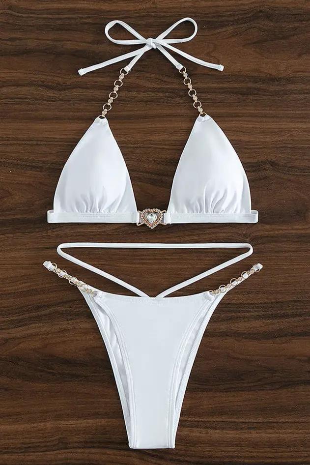 White Heart Rhinestone Strappy Tied Sexy 2Pc Swimsuit Set Bikini