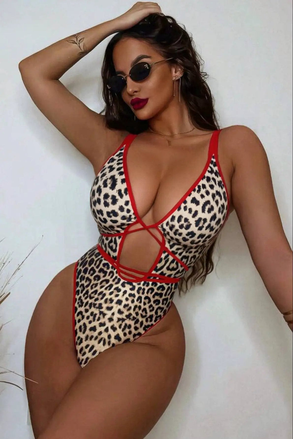 Leopard Print Red Trim Strappy Sexy One Piece Swimsuit Monokini