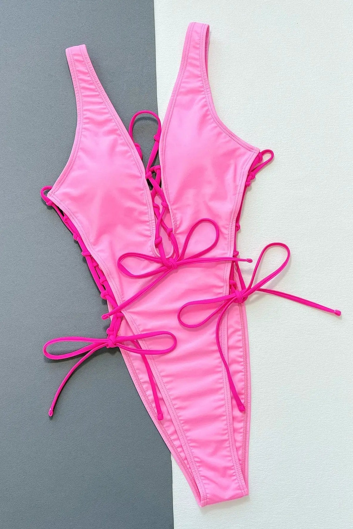 Pink Neon Pink Lace-Up Plunging-V High Cut Sexy Monokini 1Pc Swimsuit