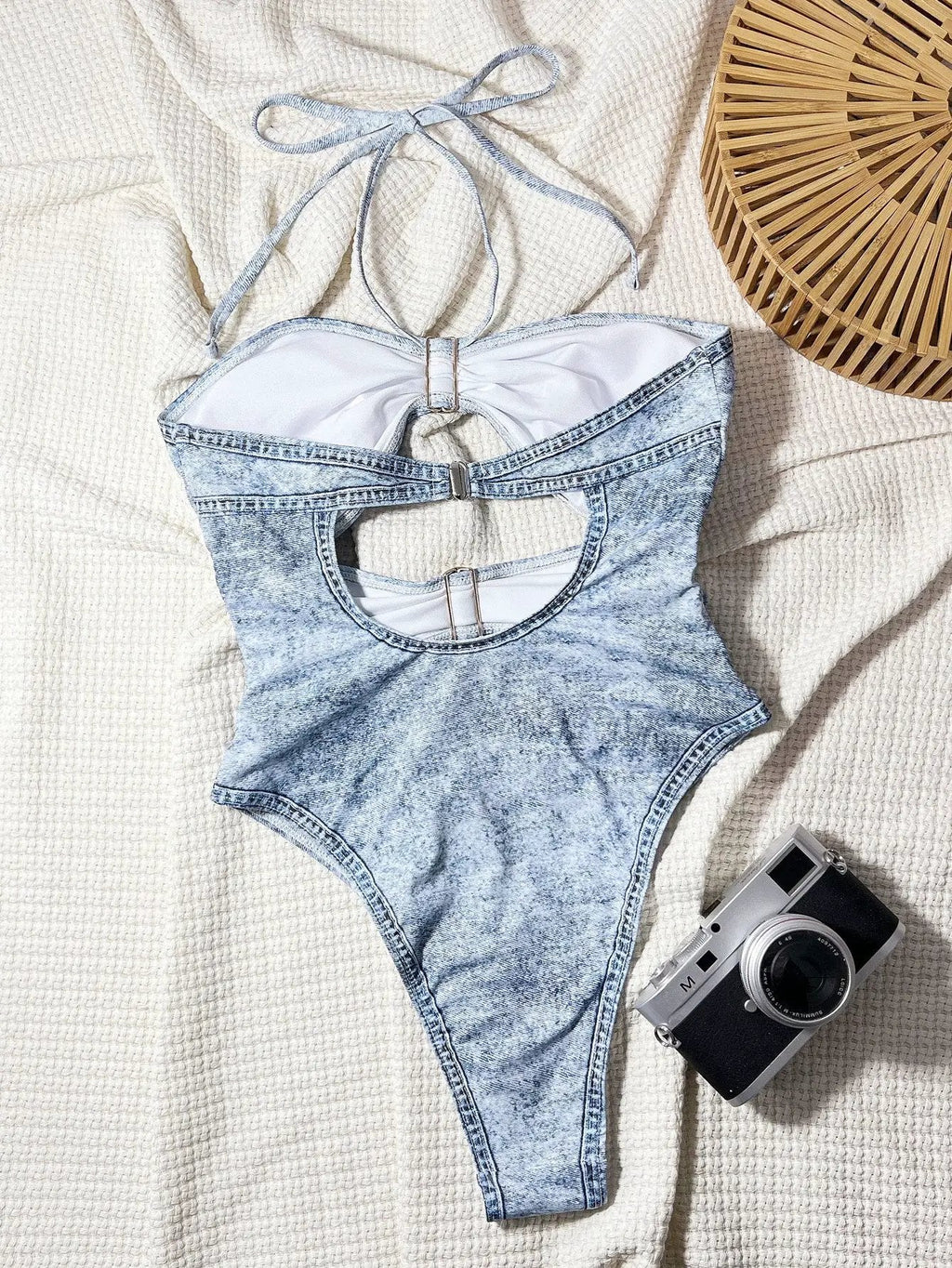 Blue Denim Print Cut-Out Gold Decor Cheeky Sexy Monokini 1Pc Swimsuit