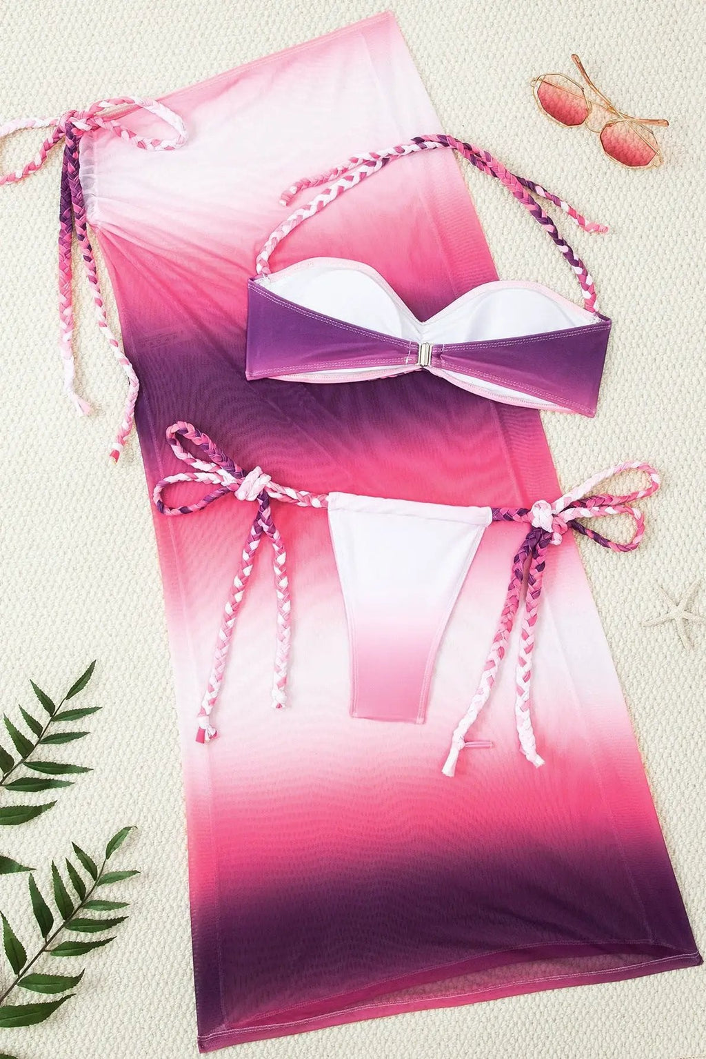 Pink Tie Dye Braided Bandeau Halter Cheeky Maxi Mesh Skirt 3Pc Swimsuit Set