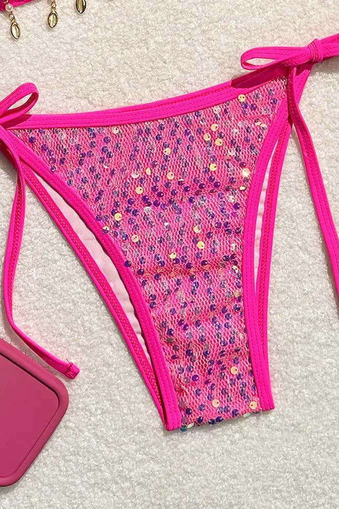 Hot Pink Sequin Gold Sea Shell Pearl Sexy 2Pc Swimsuit Set Bikini