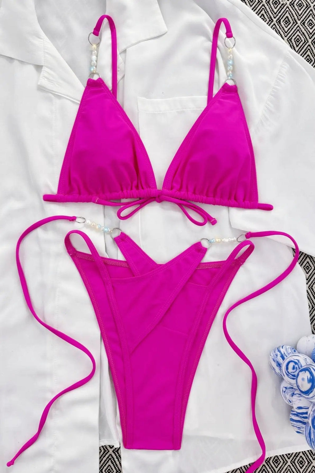 Fuchsia Pink Pearl Strappy Sexy 2Pc Swimsuit Set Bikini