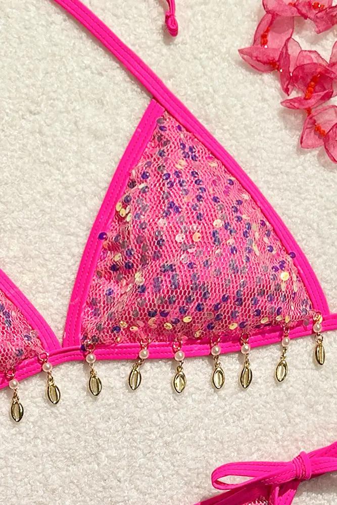 Hot Pink Sequin Gold Sea Shell Pearl Sexy 2Pc Swimsuit Set Bikini