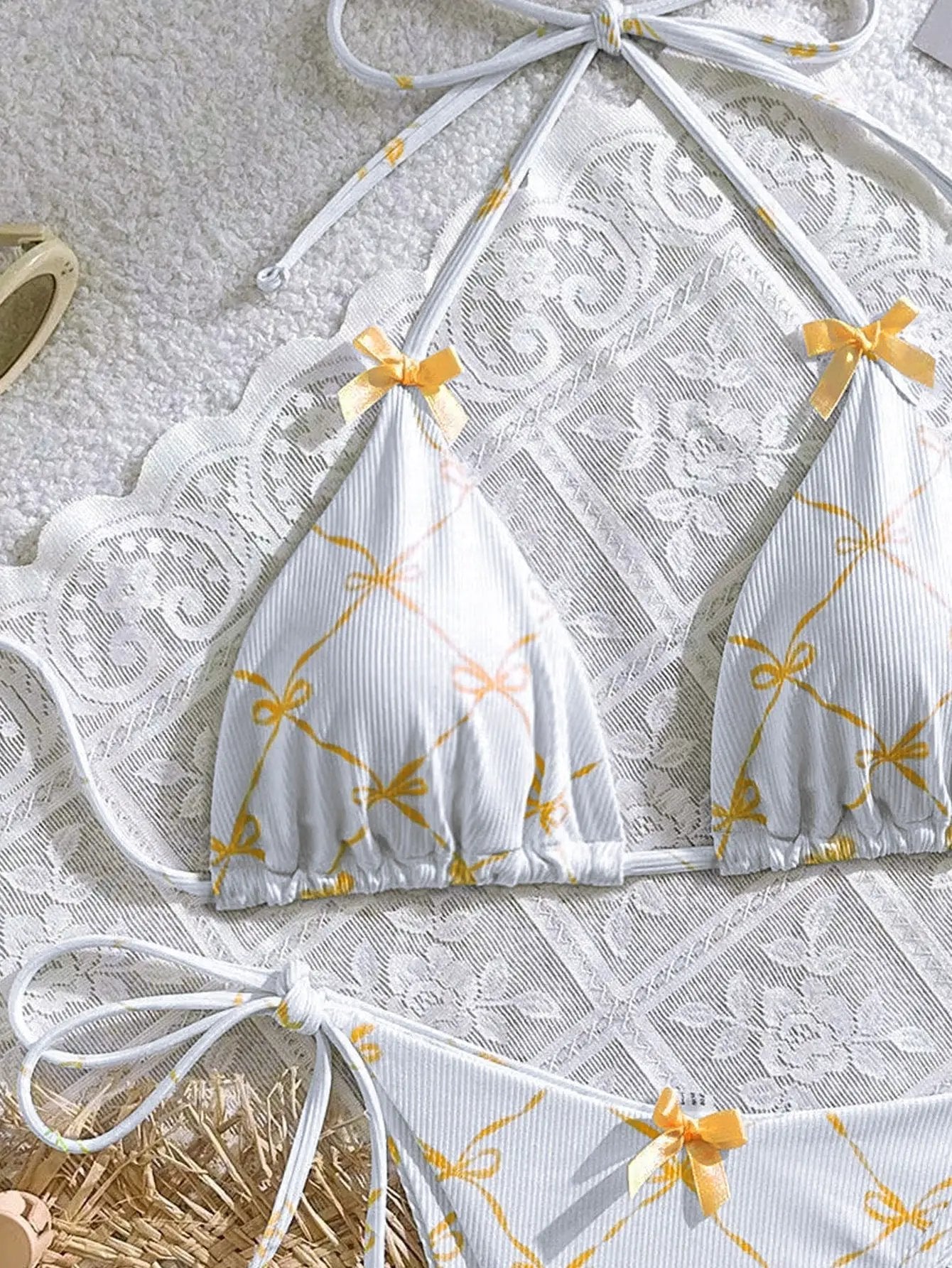 White Orange Coquette Bows Triangle Tie Side Sexy 2Pc Swimsuit Set Bikini