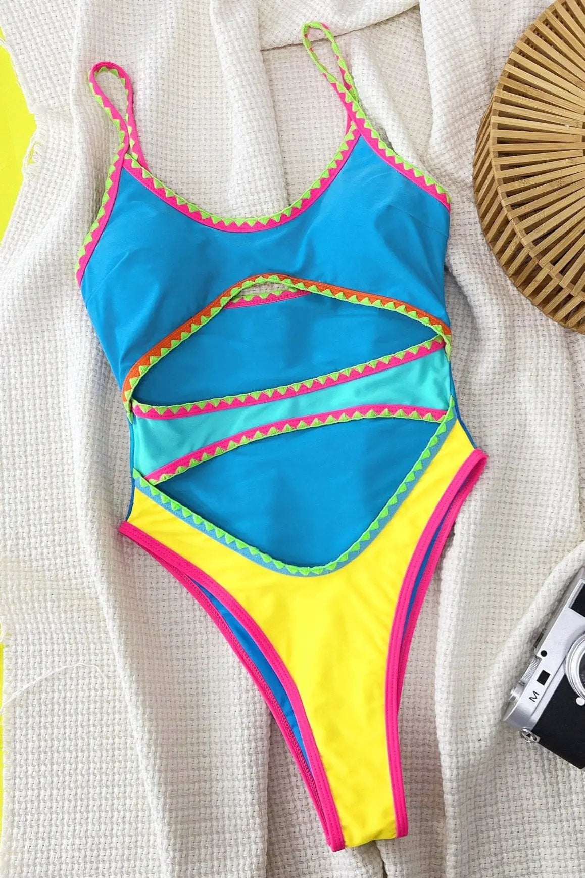Blue Yellow Embroider Trim Cut-Out Sexy Monokini 1Pc Swimsuit