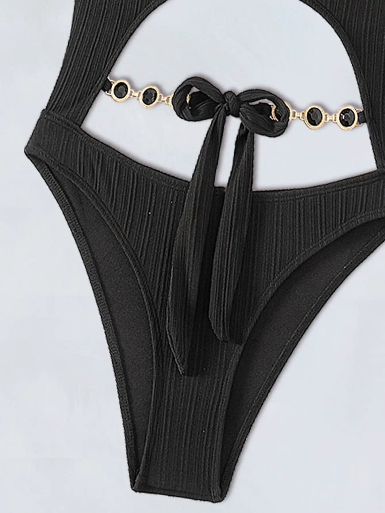 Black Textured Fabric Gem Cut-Out Sexy 1Pc Swimsuit Monokini
