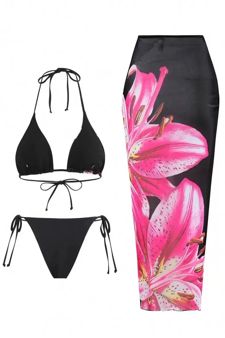 Black Pink Flower Triangle Cheeky Bikini Maxi Cover-Up Sexy 3Pc Swimsuit Set