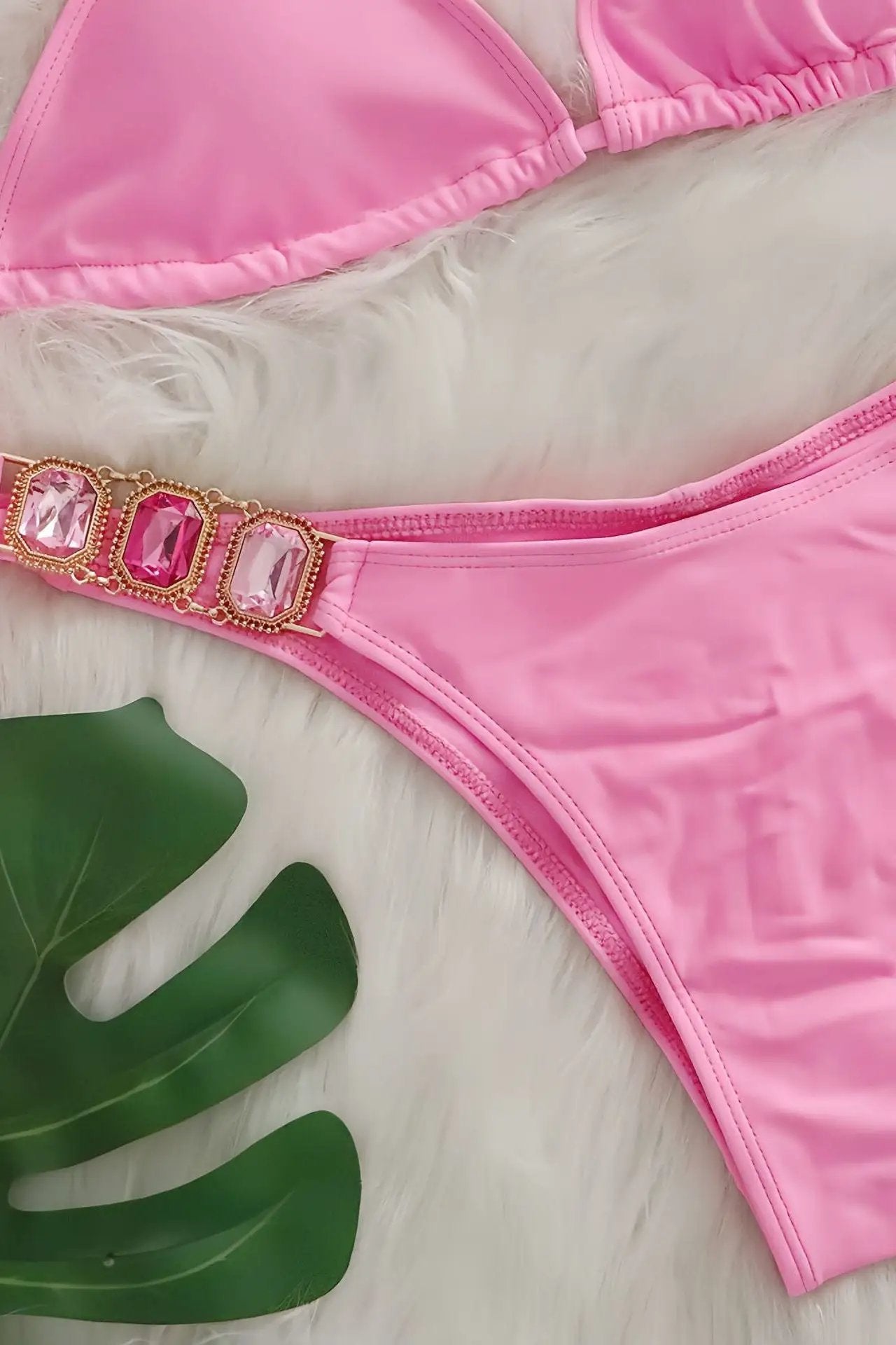 Pink Rhinestone Gem Halter Ruched Back Cheeky Sexy 2Pc Swimsuit Set BIkini