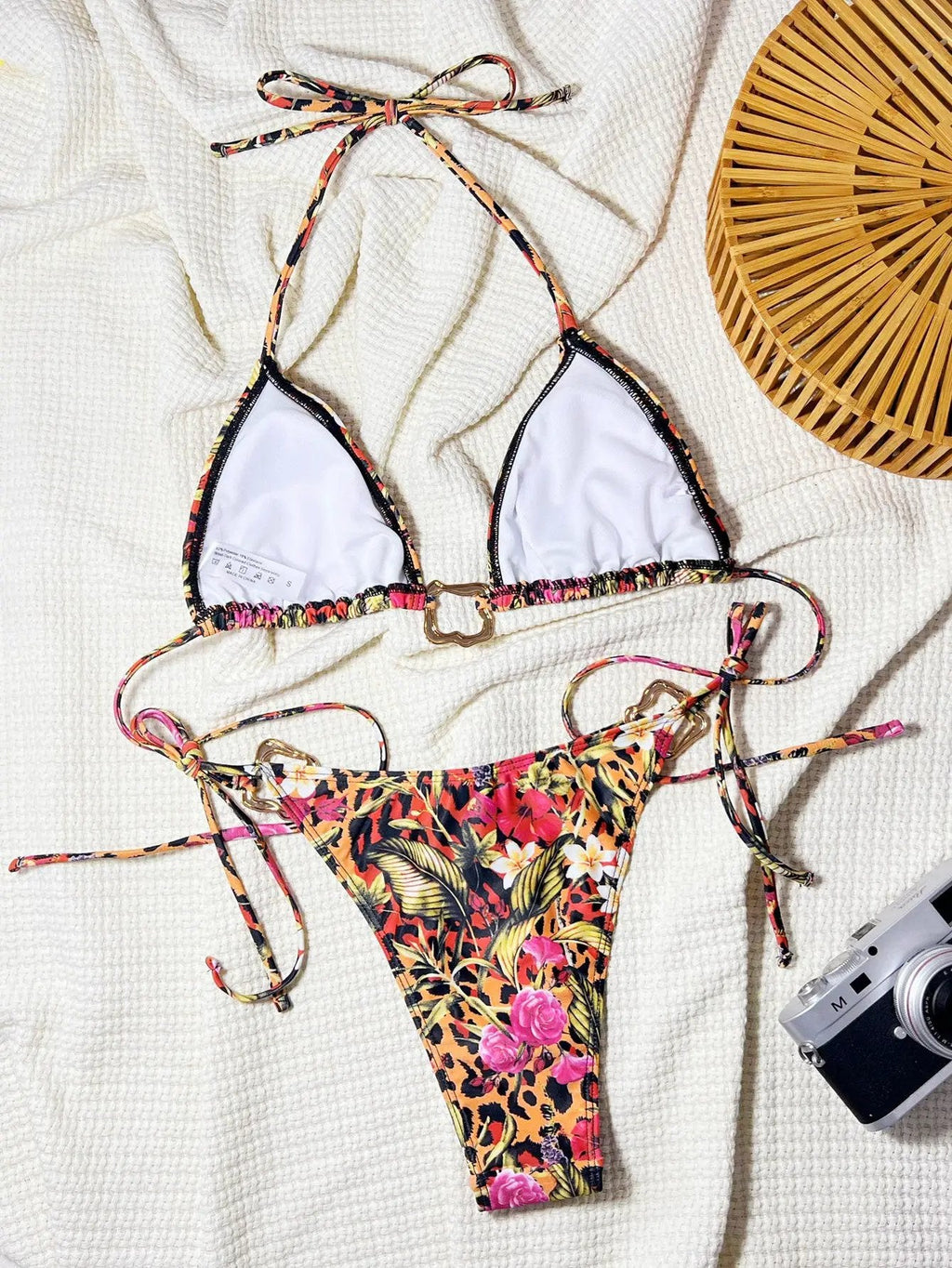 Multi Leopard Gold Decor Triangle Tie Side Sexy 2Pc Swimsuit Set