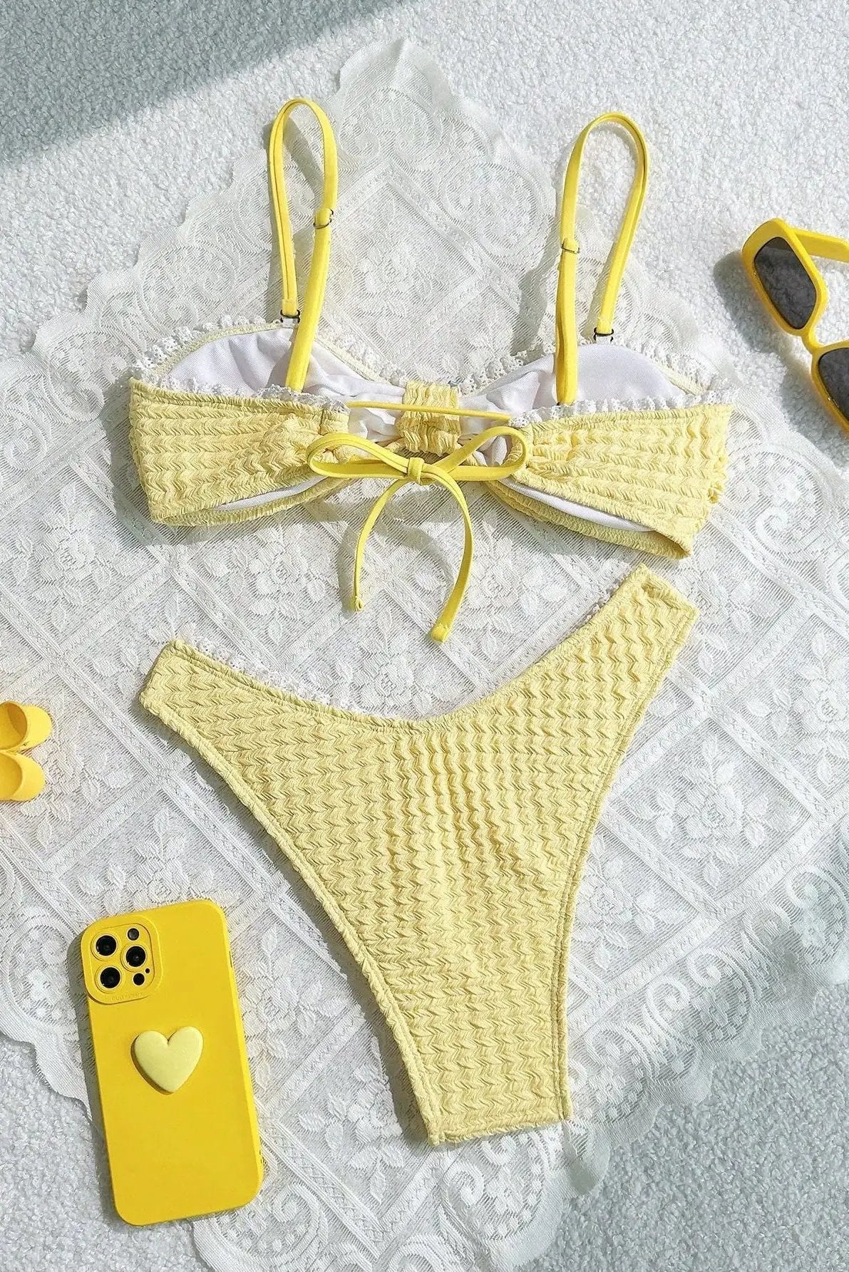 Yellow Textured Bow Lace Sexy 2Pc Swimsuit Set Bikini