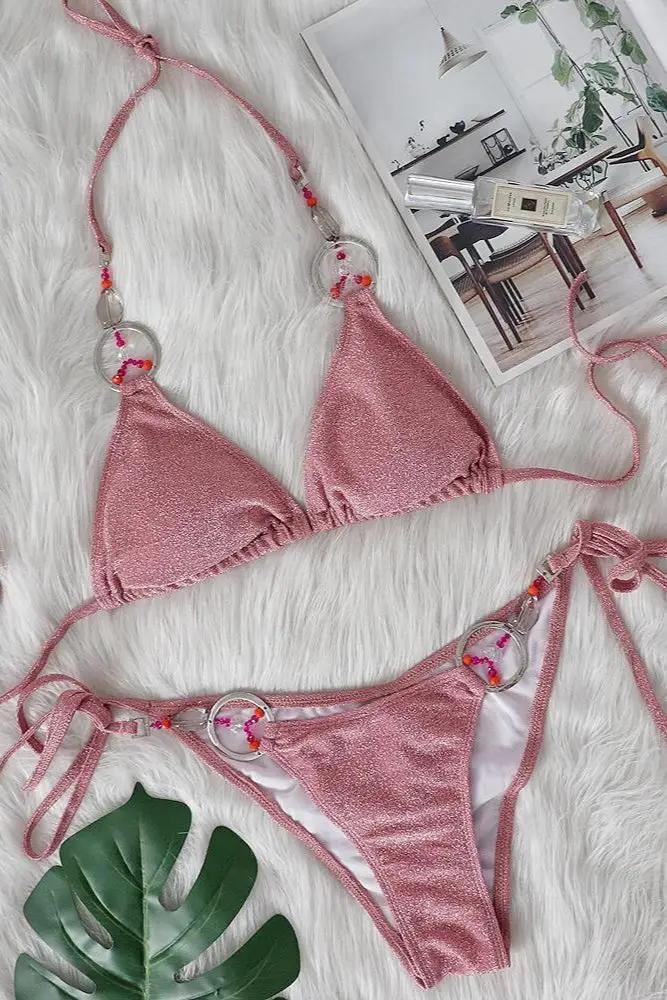 Pink Shimmer Crystals O-Ring Ruched Butt Sexy 2Pc Swimsuit Set