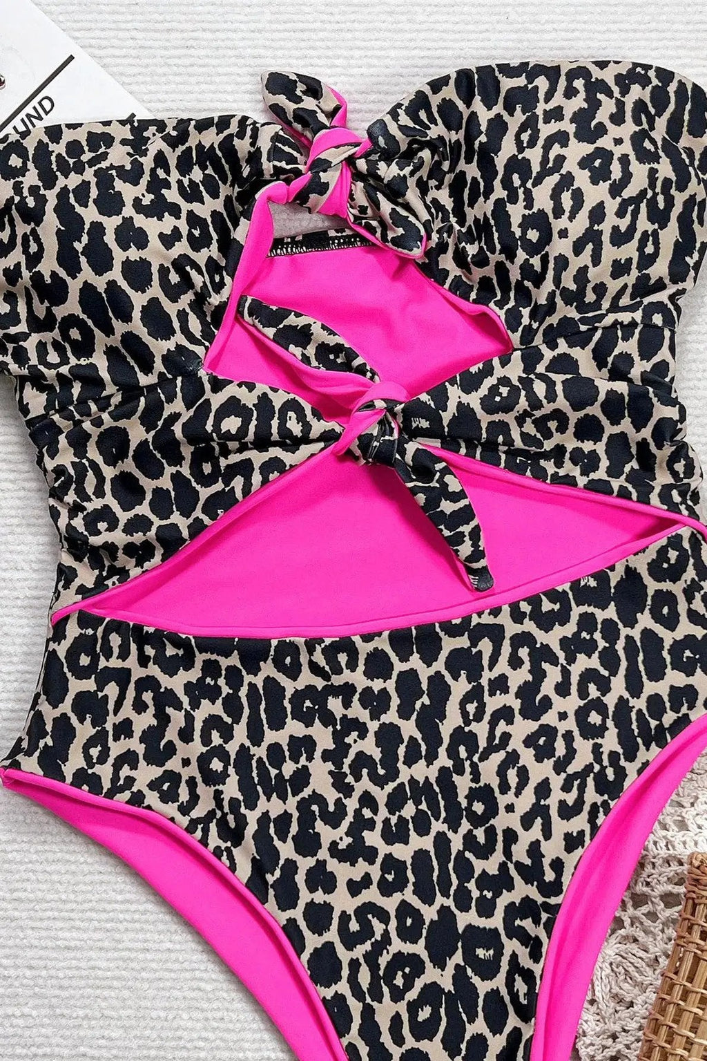 Leopard Hot Pink Bows Cut-Out Strapless 1Pc Sexy Swimsuit Monokini