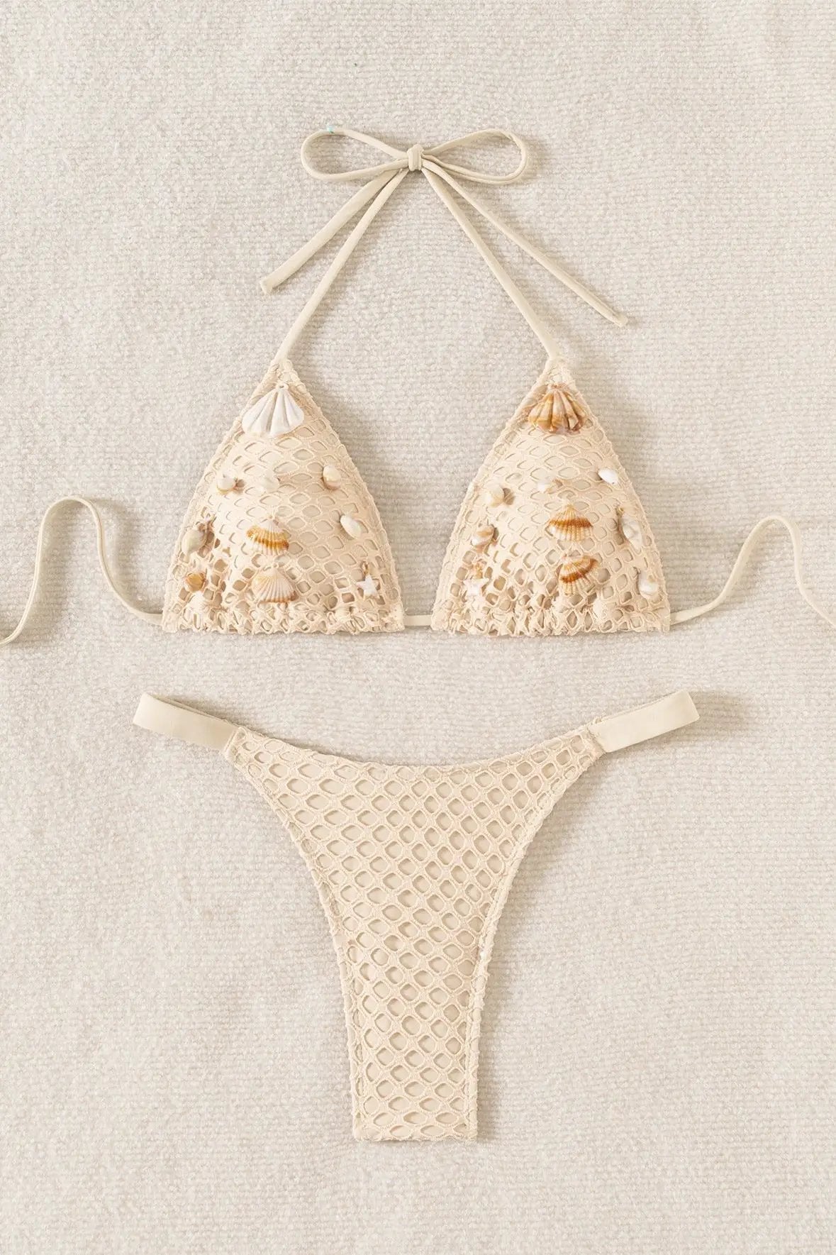 Off White Netted Sea Shells Triangle Thong Sexy 2Pc Bikini Swimsuit Set