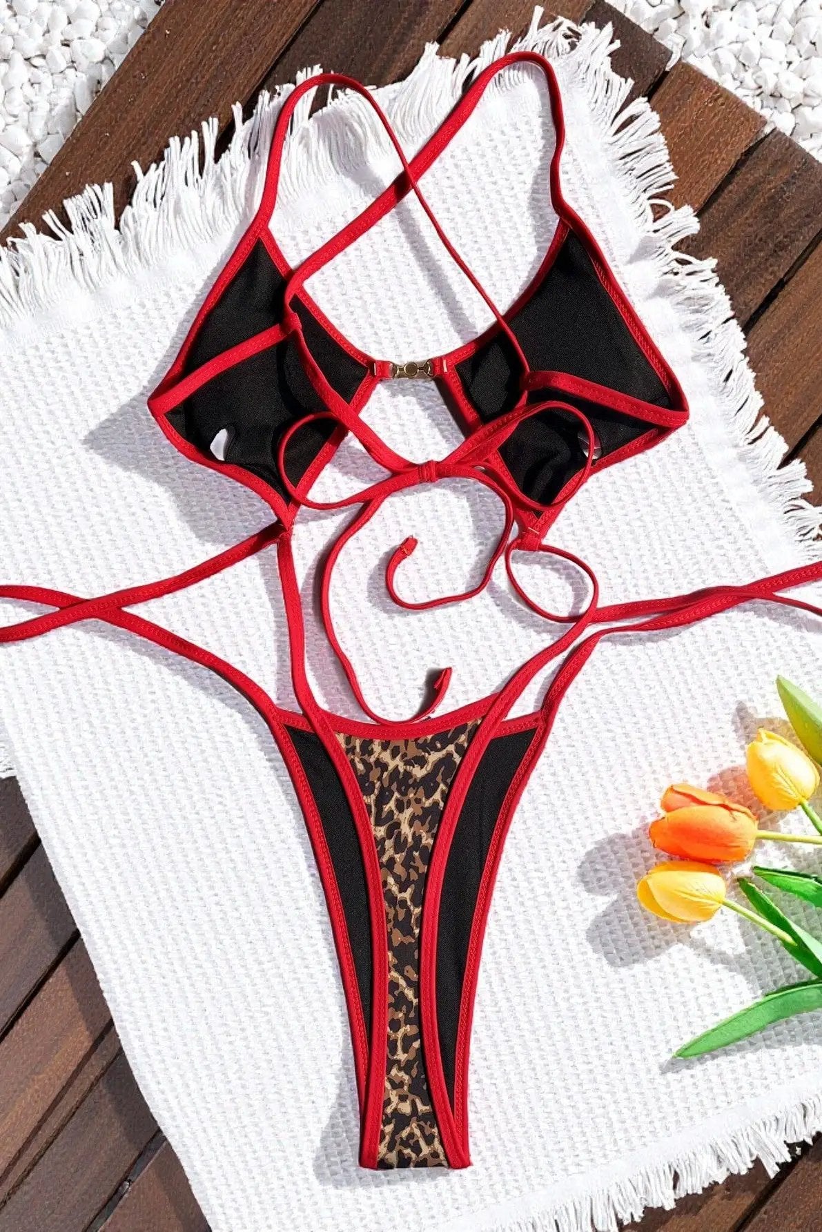Leopard Print Red Piping Strappy Thong Sexy 1Pc Swimsuit Monokini