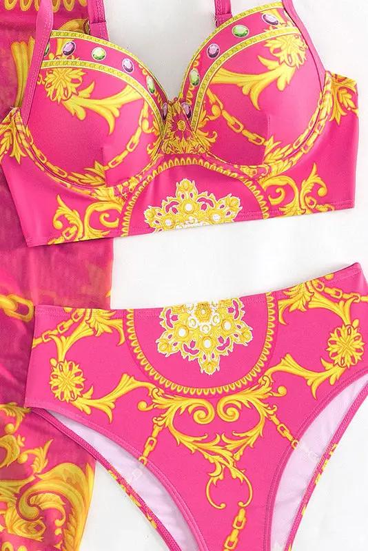 Hot Pink Gold Print Bustier High Waist Cover-Up Sexy 3Pc Swimsuit Set