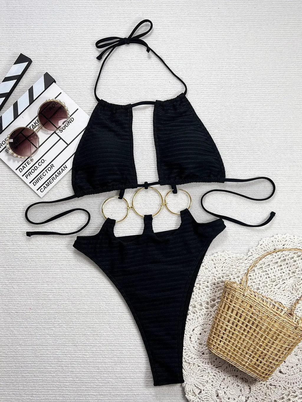 Black Gold O-Ring Cut-Out Cheeky Sexy Monokini 1Pc Swimsuit