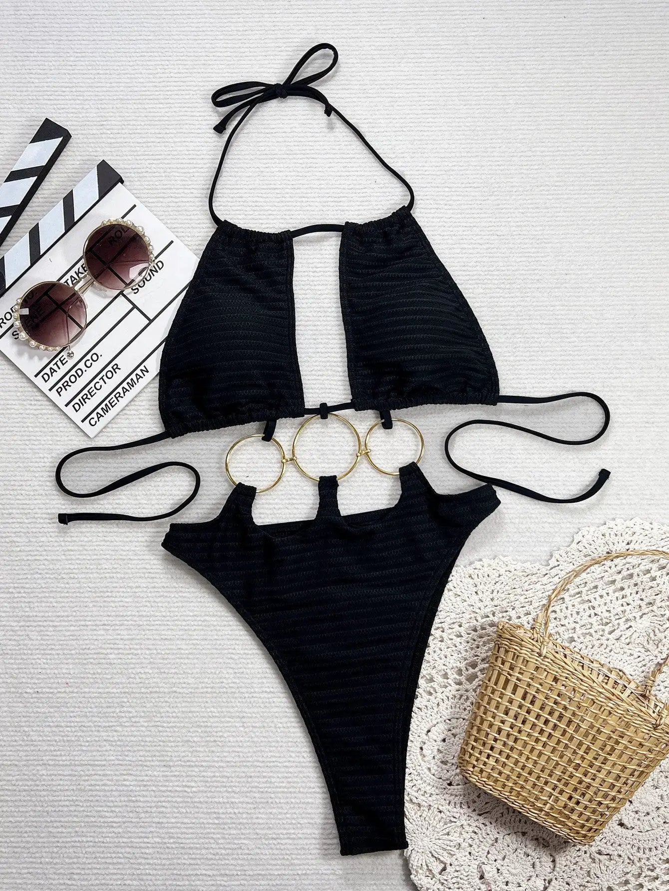 Black Gold O-Ring Cut-Out Cheeky Sexy Monokini 1Pc Swimsuit