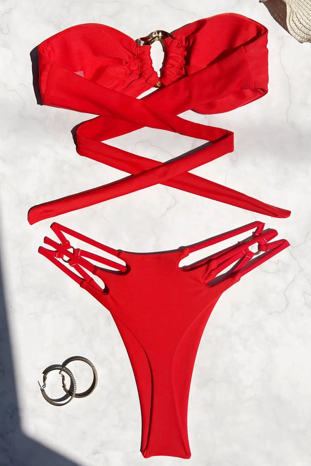 Red Strappy Gold Decor High Waist Sexy Cheeky 2Pc Swimsuit Set