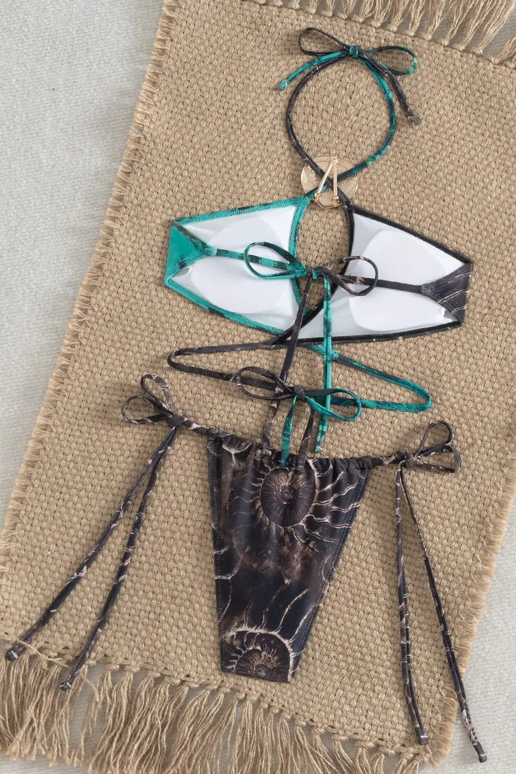 Grey Turquoise Sea Shell Print Gold Metal Decor Halter Wrap Cheeky Sexy 2Pc Bikini Swimsuit Set