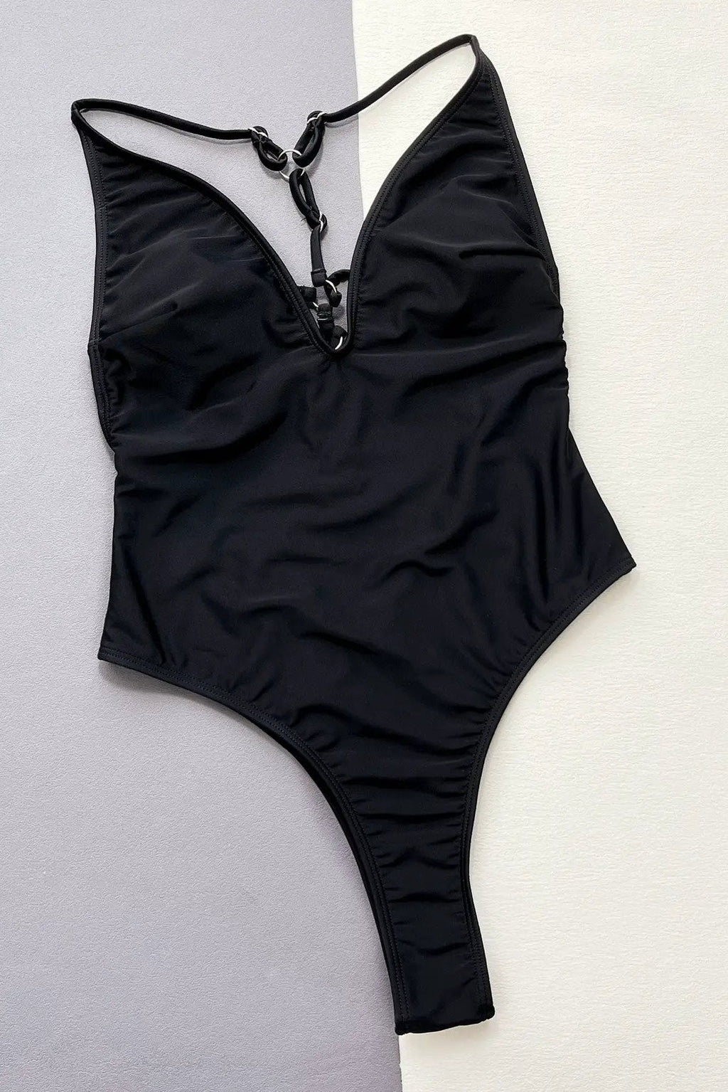 Black V-Cut Strappy Back Thong Sexy Monokini 1Pc Swimsuit