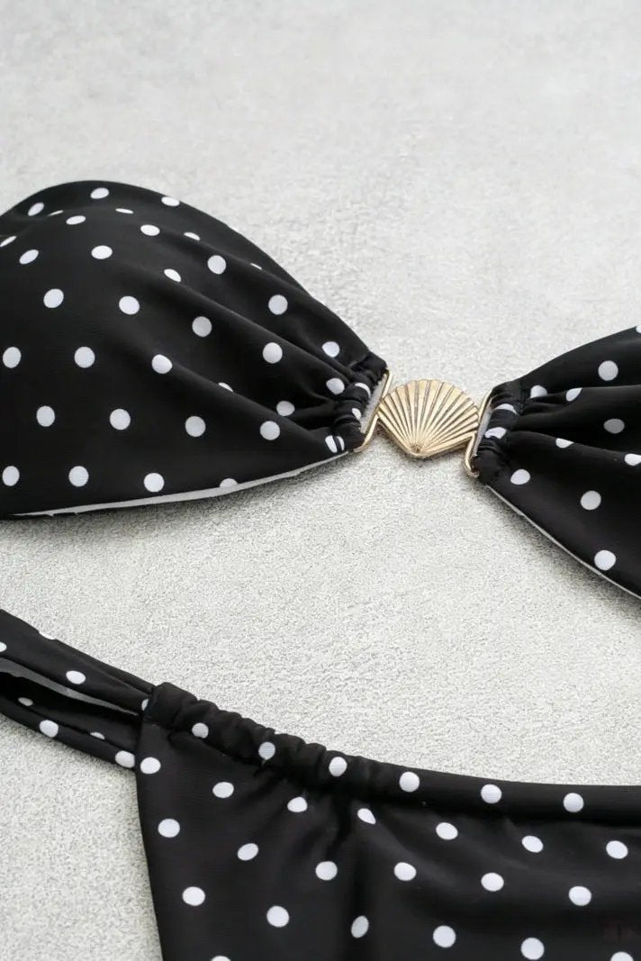 Black White Dot Gold Sea Shell Bandeau Cheeky Cover-Up Sexy 3Pc Swimsuit Set