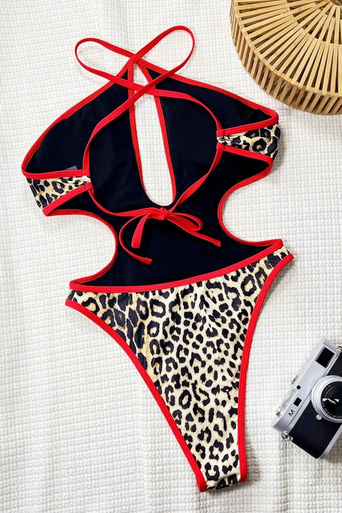 Leopard Print Red Trim Criss-Cross High Cut Sexy Monokini 1Pc Swimsuit