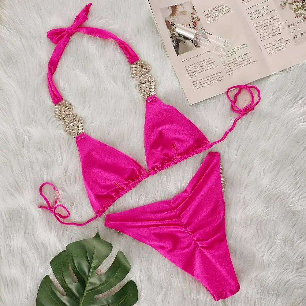 Pink Silky Big Rhinestone Decor Ruched Back Sexy 2Pc Swimsuit Set Bikini