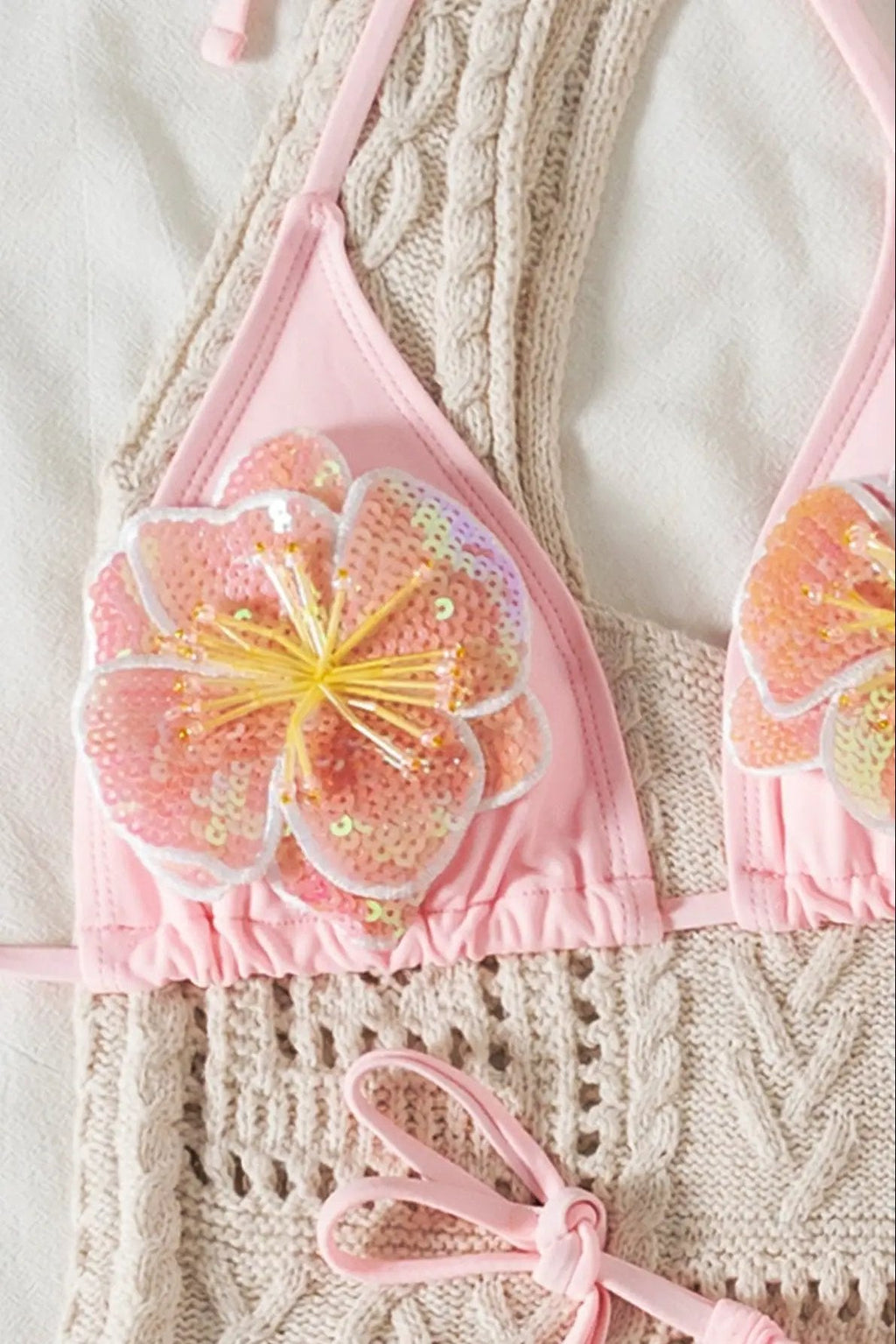 Light Pink Sequin 3D Hibiscus Flower Thong Draw-string Sexy 2Pc Swimsuit Set Bikini