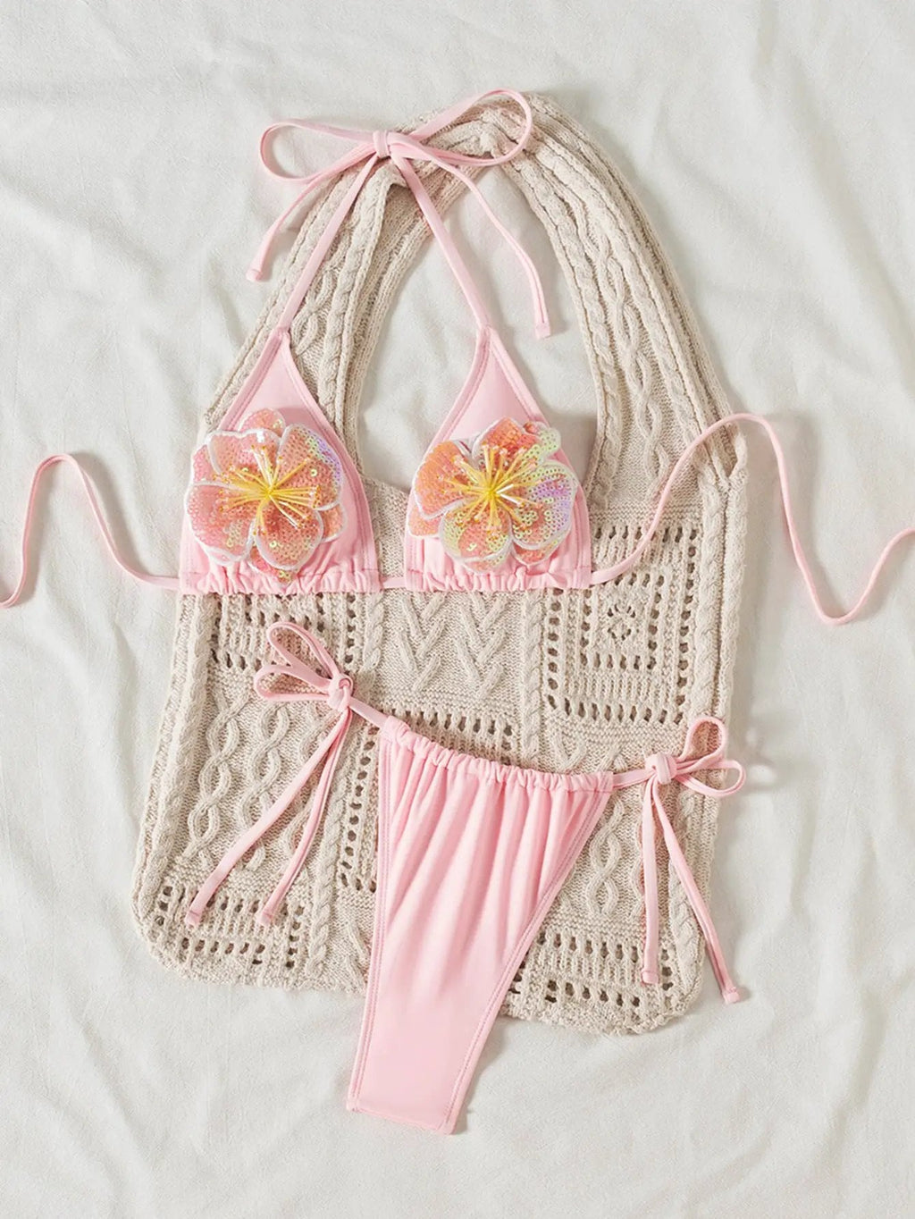 Light Pink Sequin 3D Hibiscus Flower Thong Draw-string Sexy 2Pc Swimsuit Set Bikini