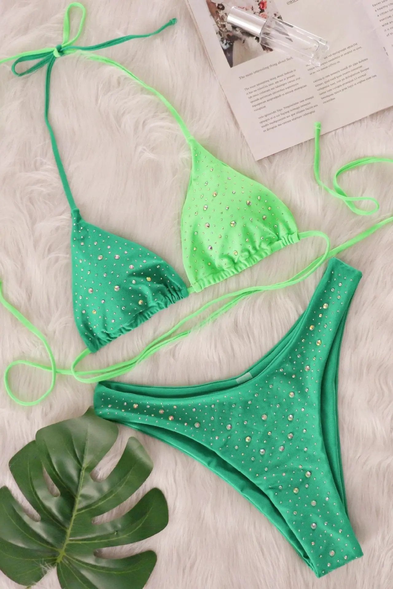 Green Color Block Rhinestone Sparkly Strappy Cheeky Sexy 2Pc Swimsuit Bikini Set