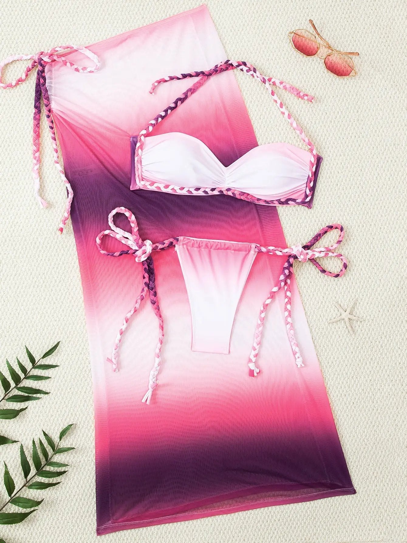 Pink Tie Dye Braided Bandeau Halter Cheeky Maxi Mesh Skirt 3Pc Swimsuit Set